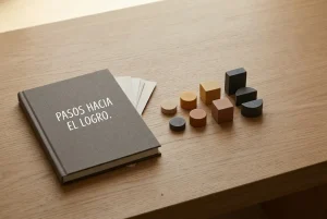 Fichas geométricas sin inscripciones ordenadas junto a un cuaderno cerrado sobre una mesa de madera