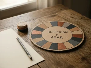Fichas apiladas junto a un disco circular y una hoja de papel