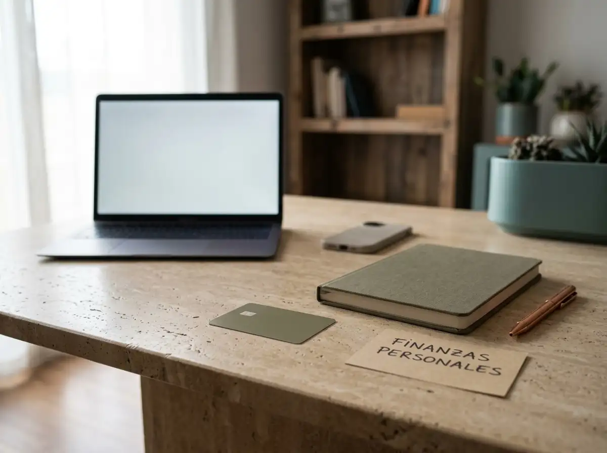 Tarjeta lisa junto a un portátil y una libreta sobre una mesa