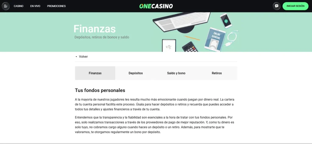 Apartado de finanzas de OneCasino con información sobre depósitos y métodos de pago